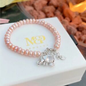 Pink Freshwater Pearl Bracelet with Silver Elephant Charm